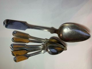 Antique 19th C.  1850s W.  M.  Root & Bro.  6 Coin Silver Teaspoons,  1 Serving Spoon