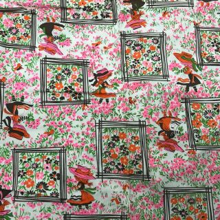 Vtg Fabric Remnants Craft Retro Mod Floral Cotton 60s - 70s Orange Pink