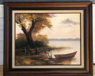 Antique Vintage Oil Painting Scenic Lake Boat Landscape Autumn