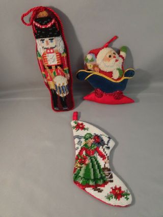 3 Vintage Finished Needlepoint Christmas Ornament Nutcracker Stocking Santa