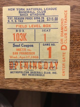 1968 York Mets Opening Day Ticket Stub Game Played At Shea Stadium
