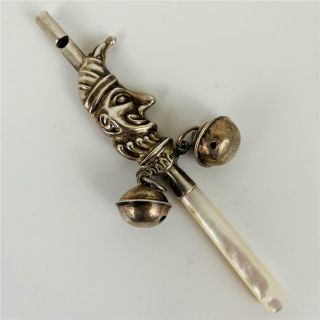 Antique Gilded Age Sterling Silver Mother Pearl Punch Baby Rattle Bells Whistle