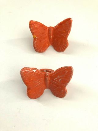 2 Vintage Ceramic Orange Butterfly Macrame Beads Napkin Ring 1 3/4 "