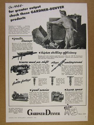 1944 Gardner - Denver Sinker Drifter Stoper & Mine Car Loader Vintage Print Ad