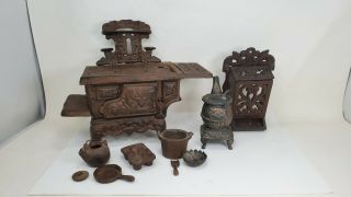Antique Cast Iron Salesman Sample Stove W/ Accessories Potbelly Match Holder