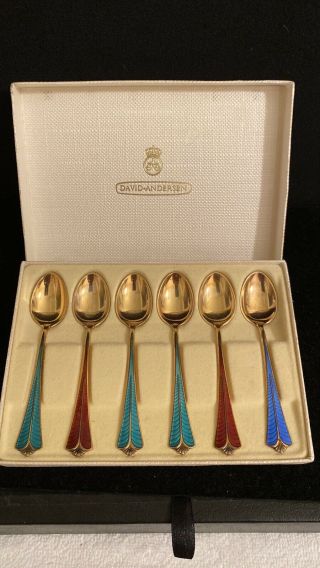 David Anderson Norway Vintage Sterling Silver Enameled Tea Spoons,  Set Of 5