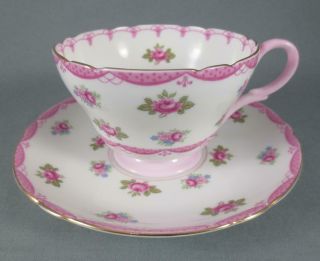 Vintage Shelley England Pink Roses Henley Shape Footed Cup & Saucer 13520