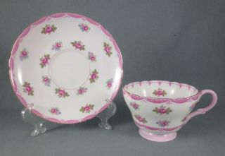 Vintage SHELLEY England PINK ROSES Henley Shape FOOTED CUP & SAUCER 13520 2