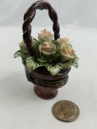 Vintage Porcelain Flower Roses Basket Mini With Storage Built In
