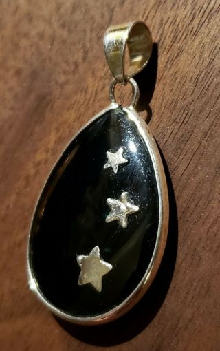 Vintage Sterling Silver 1.  5 " Black Onyx Teardrop Inlaid Star Pendant Reversible