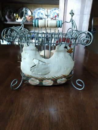 Vintage Square Metal Wire Basket Chicken Decor & 5 Wood Eggs