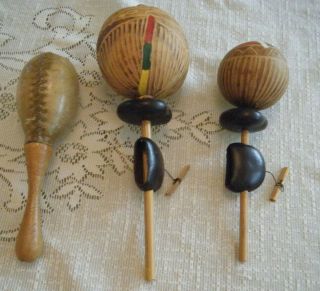 3 Vintage Hand Crafted Maracas Percussion Musical Instruments