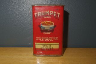 Vintage Trumpet Brand Ground Cloves 2 Oz.  Spice Tin H - P Coffee Co.  St.  Louis,  Mo