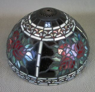 Antique Tiffany Style Lamp Shade With Stained Slag Glass Roses 14 " Diameter