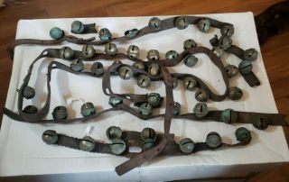 Antique 19th Cen.  Sleigh Bells W/ Leather Strap,  50 Bells Primitive Farm Fresh