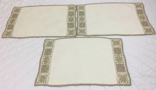 Three Vintage Placemats Or Tea Towels,  Doilies,  Linen,  Very Light Beige,  Star