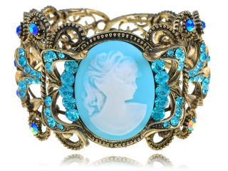 Vintage Crysal Rhinestone Aquamarine Cameo Maiden Cuff Bracelet Clr