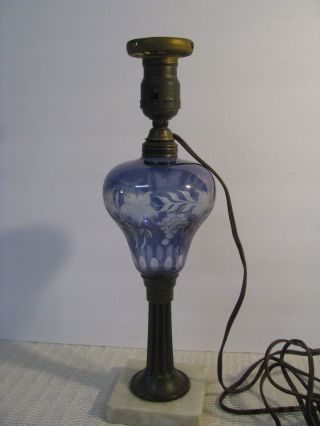 Antique Boston Sandwich Glass Cut Blue Overlay Marble Base Oil Lamp Electrified