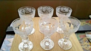 Antique Port Sherry Glasses X6 Acid Etched Grape Vine Pattern Vgc