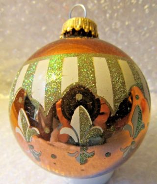 Vintage Christmas Tree Ornament Round Copper Gold Glitter White Fleur De Lis