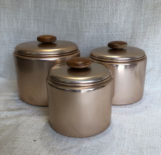 Vtg Canister Set 3 Pc/ Lids Mirro Mid Century Copper Aluminum Wood Knobs Usa