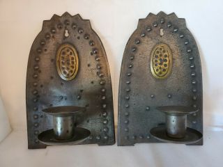 Vintage Goberg Arts And Crafts Wall Sconce Candle Holders - Hammered Metal - Sig