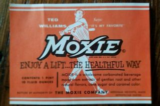 Vintage 1950’s Ted Williams “un - Used” Moxie Bottle Label (scarce/rare)