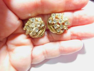 Signed Star Clear Rhinestone Textured Gold Tone Flower Clip On Earrings Vintage