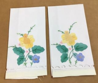 Two Vintage Tea Towels Or Guest Towels,  Cotton,  White,  Flower & Leaf Embroidery