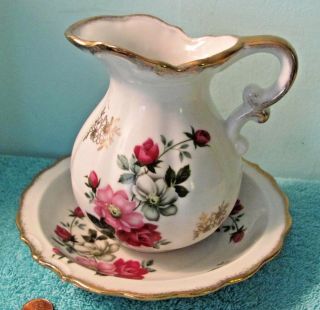 Vintage Wash Bowl Basin & Pitcher Set,  Ceramic,  Roses & Gold Trim,  Japan