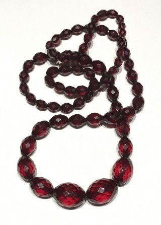 Antique Art Deco Cherry Amber Bakelite Faceted Bead Necklace 32” Long