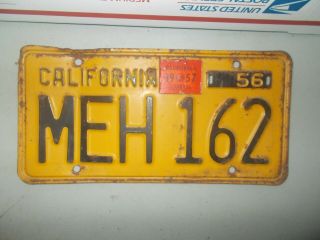 1956 California License Plate Ca Yellow Tag Vintage Meh 162
