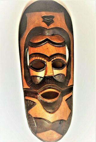Vtg African Tribal Hand Carved Wood Face Mask Wall Decor Art Hanging 18 X 7 1/2