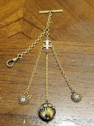 Vtg Antique Victorian Gold Filled Floral Enamel Orb Ball Watch Fob Chain Estate