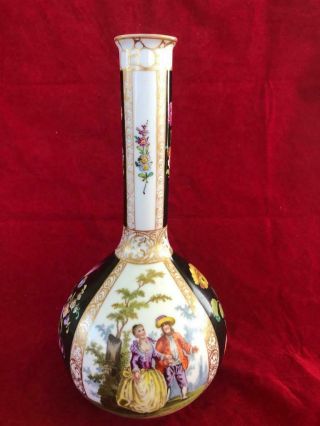 Fine Antique Dresden Watteau Porcelain Hand Painted Bottle Vase.