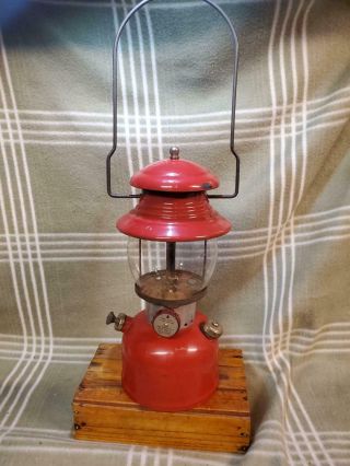 1961 (august) Vintage Red Coleman 200 Single Mantle Lantern Brass Fount.