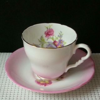 Vintage Royal Stafford Footed Tea Cup & Saucer Pink & Floral Bouquet Bone China