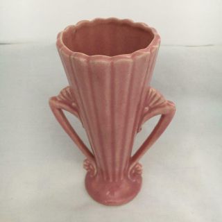 Vintage Ceramic Art Deco Pottery Vase Pink Glaze Double Handle Ridges 541 Usa