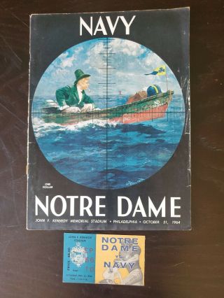 Vintage October 31,  1964 Navy Vs Notre Dame Program Roger Staubach W Ticket Stub