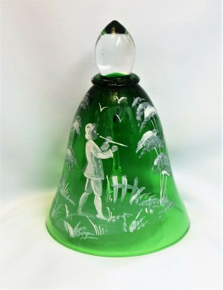Vintage Emerald Green Mary Gregory Hand Painted Bell Boy With Flute