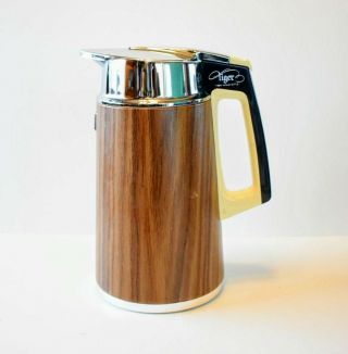 Vintage Tiger Faux Wood & Chrome Coffee Carafe Thermos Vacuum Flask Bottle Urn