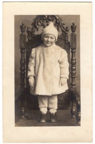 080920 Vintage Rppc Real Photo Postcard 3 Yo Vernon In White Fur Coat Snow Baby