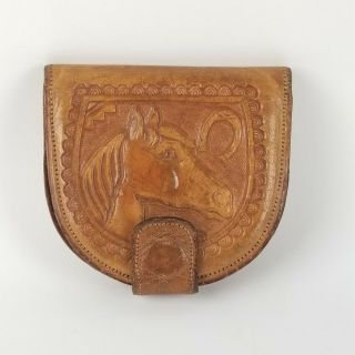 Vintage Mexican Leather Coin Purse Change Wallet Tooled Horse Laced Tan
