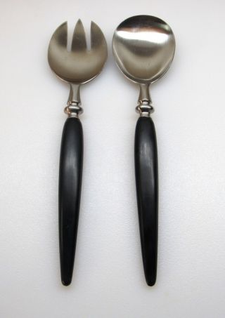 Vintage Mcm Large Silver Craft Serving Fork & Spoon Black Handle Made In Japan