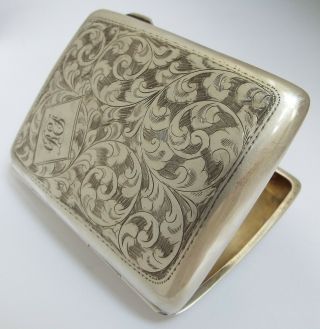 Lovely Decorative Engraved English Antique 1925 Sterling Silver Cigarette Case