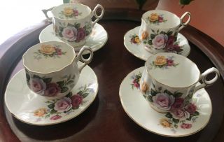4 Vintage Royal Crest Teacups & Saucers,  Fine Bone China Made In England -