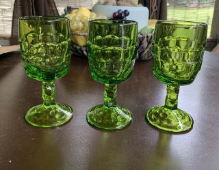 Vintage Indiana Glass Green Thumbprint Goblets Set Of 3
