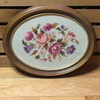 Vintage Hand Embroidered Needlepoint Floral Bouquet Oval Wall Hanging Wood Frame