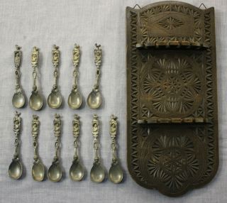 (11) Collectible Antique Ornate Pewter Spoon Set With Wood Rack