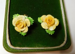 Vintage Hand Painted Bone China Yellow Rose Flower Clip Earrings England